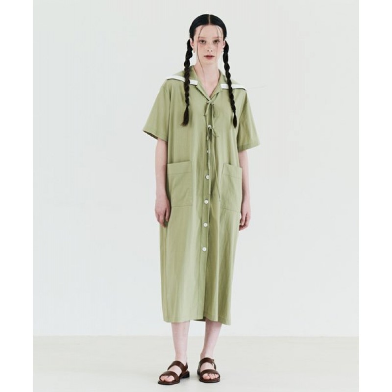 Sailor Ribbon Short Sleeve Shirt Dress Olive Green