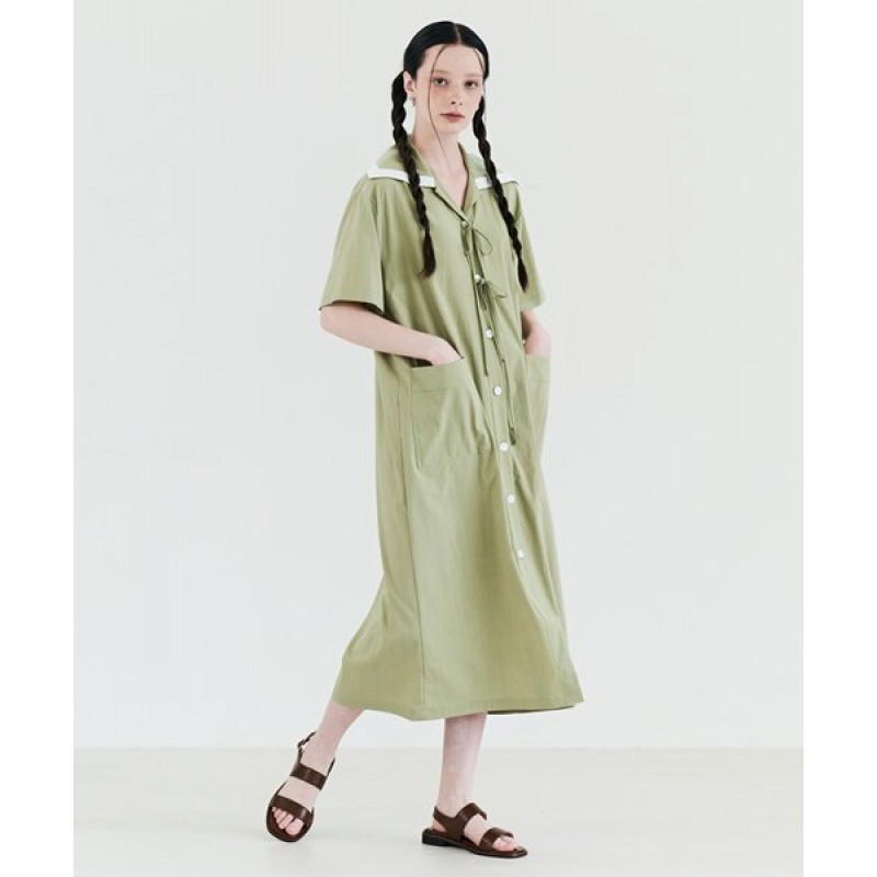 Sailor Ribbon Short Sleeve Shirt Dress Olive Green