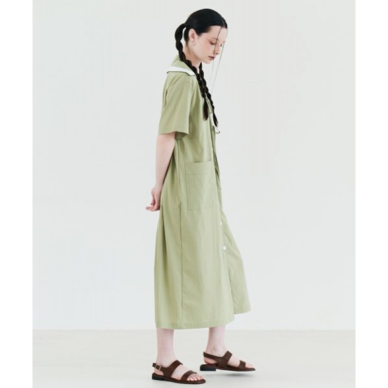 Sailor Ribbon Short Sleeve Shirt Dress Olive Green