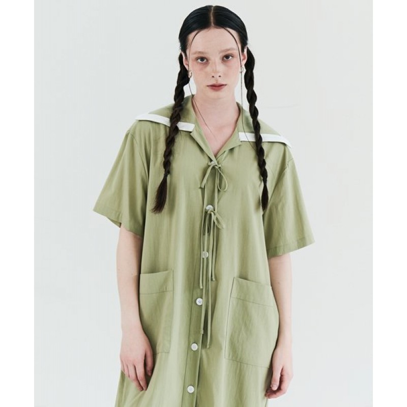 Sailor Ribbon Short Sleeve Shirt Dress Olive Green