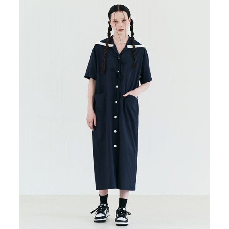 Sailor Ribbon Short Sleeve Shirt Dress Navy