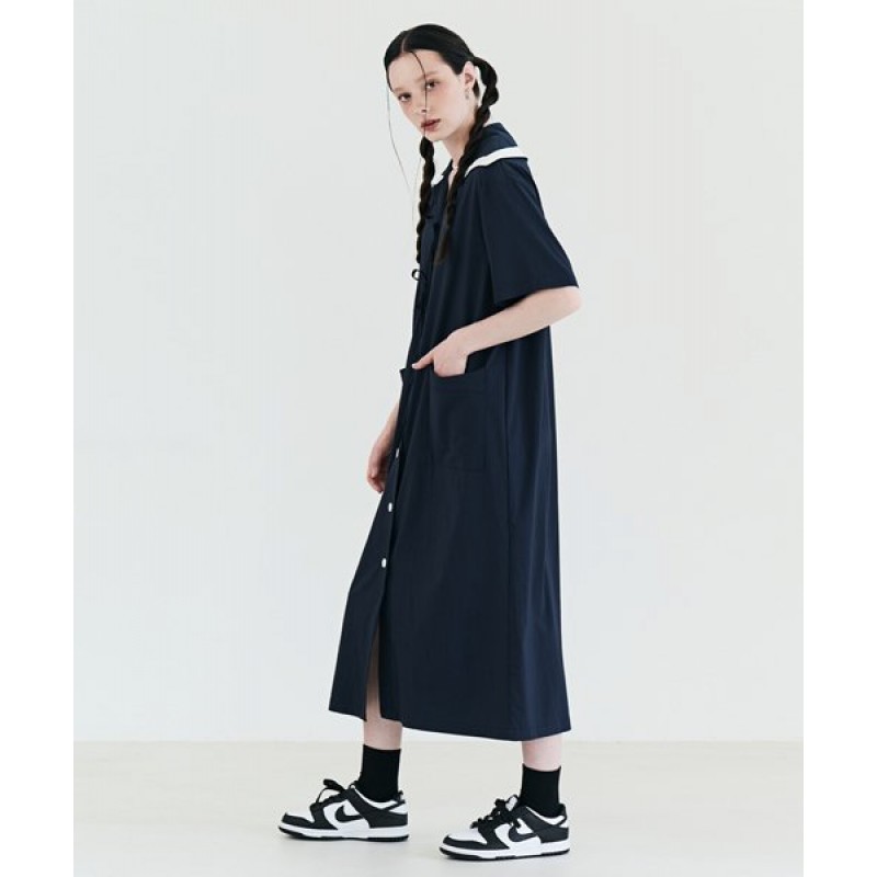 Sailor Ribbon Short Sleeve Shirt Dress Navy