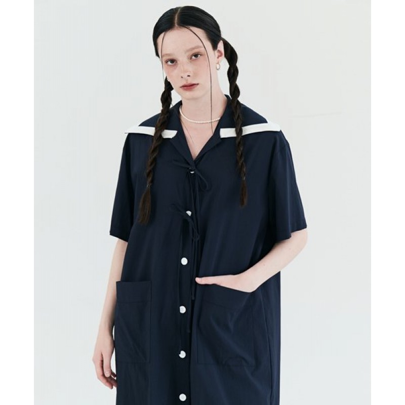 Sailor Ribbon Short Sleeve Shirt Dress Navy