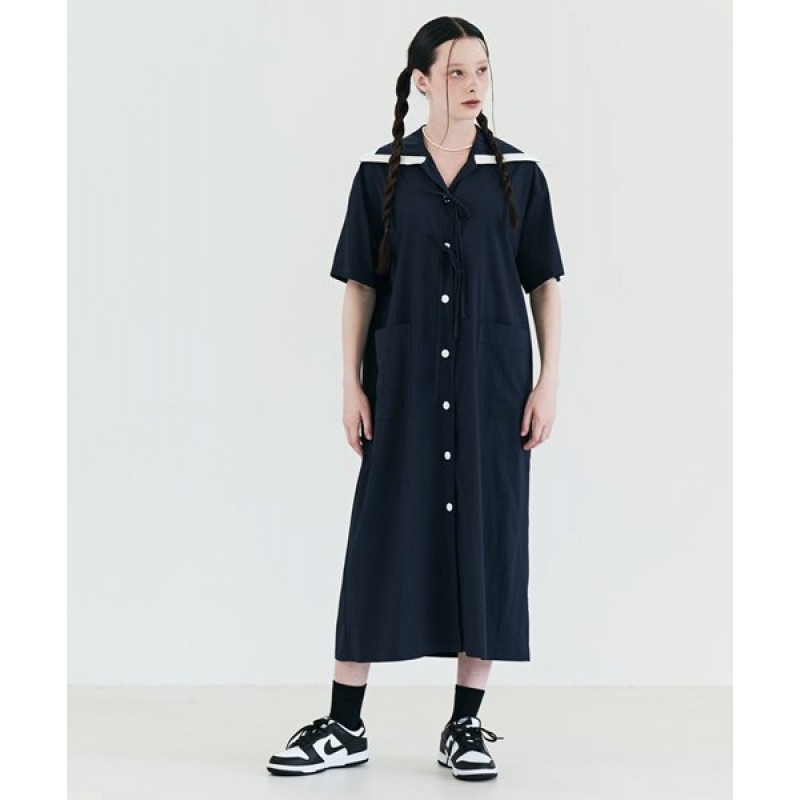 Sailor Ribbon Short Sleeve Shirt Dress Navy