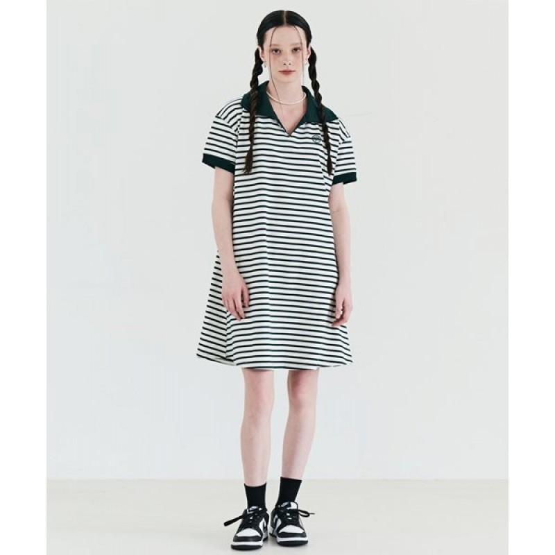 Striped Collar Summer Dress Green