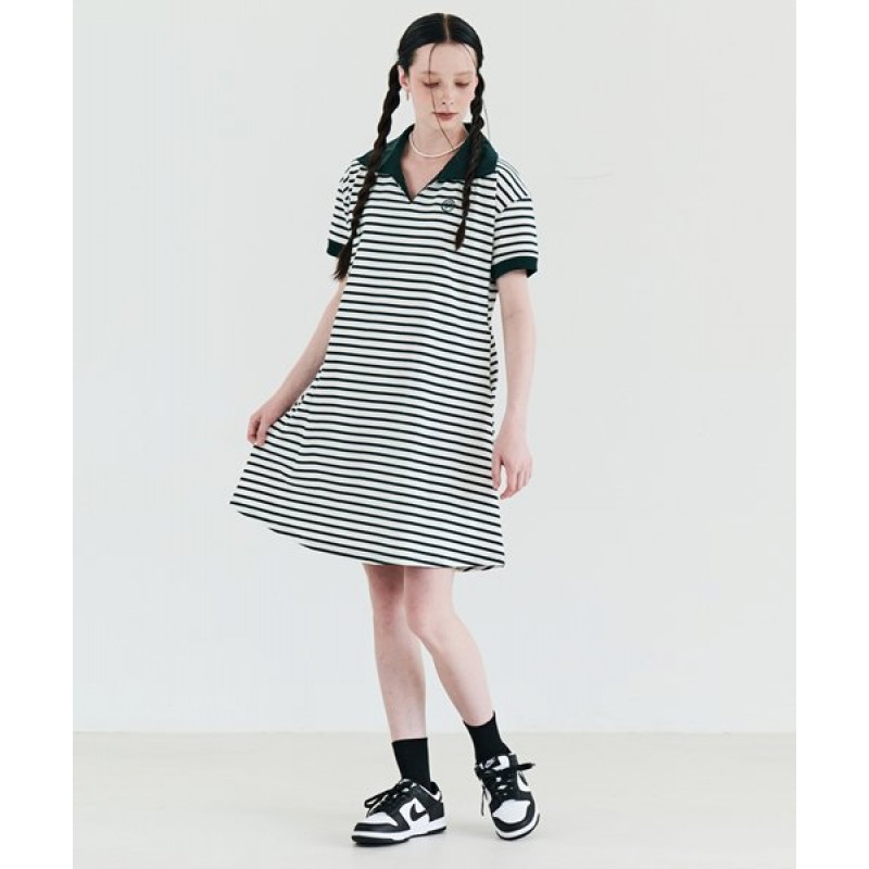 Striped Collar Summer Dress Green