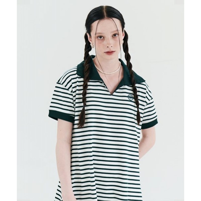 Striped Collar Summer Dress Green