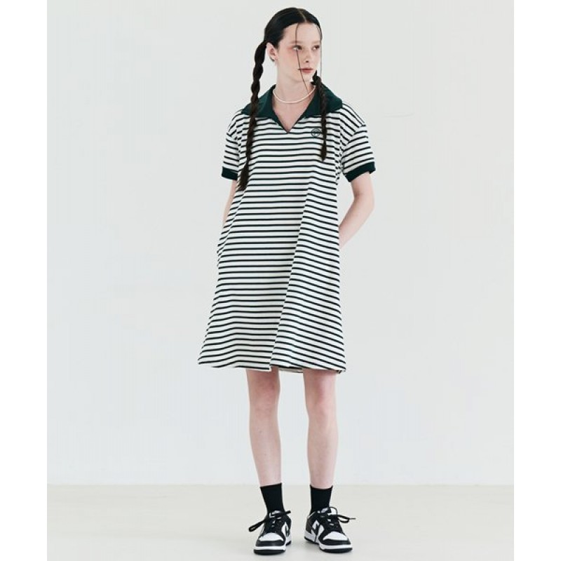 Striped Collar Summer Dress Green