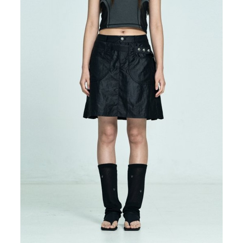 Back pleats belt skirt - Black