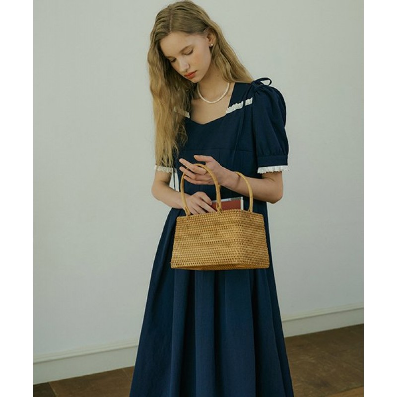 RIBBON PLEATS LONG DRESS - NAVY